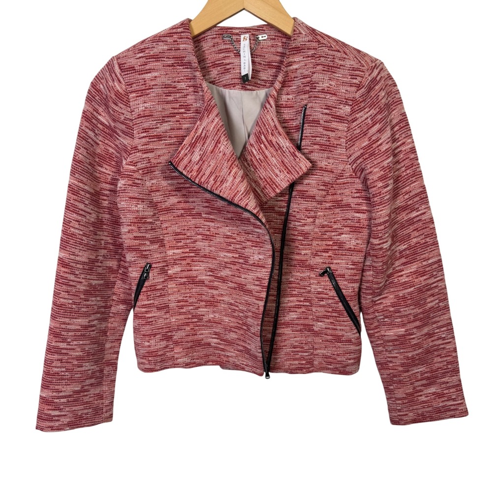 Sachin + Babi Womens Jacket Size 2 Red Tweed Textured Moto Asymmetrical Zip Crop